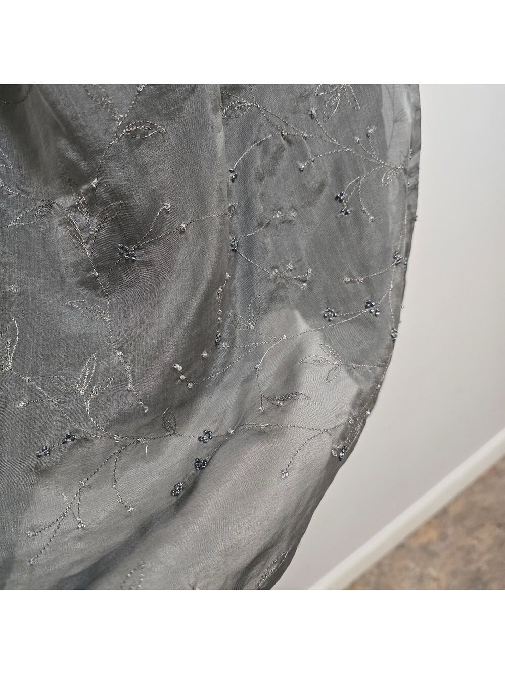 Vintage Anne Taylor 100% Silk Grey Embroidered Flora Pearl Maxi Skirt - Picture 8 of 10